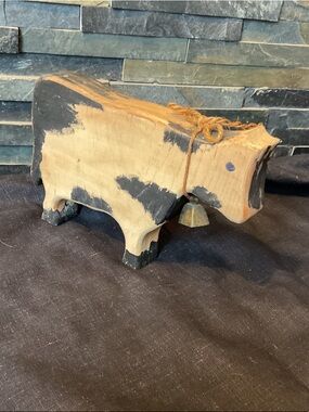 Vintage Handmade Rustic Wooden Cow Figurine with Bell - Black & Natural